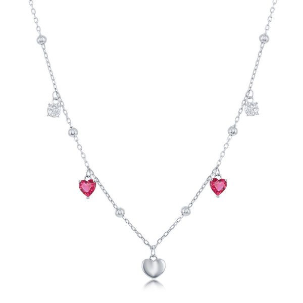 Sterling Silver White & Ruby CZ Heart Beaded Necklace