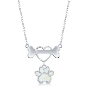 Sterling Silver, Dog Bone & Heart, Opal Paw Necklace -  White Opal