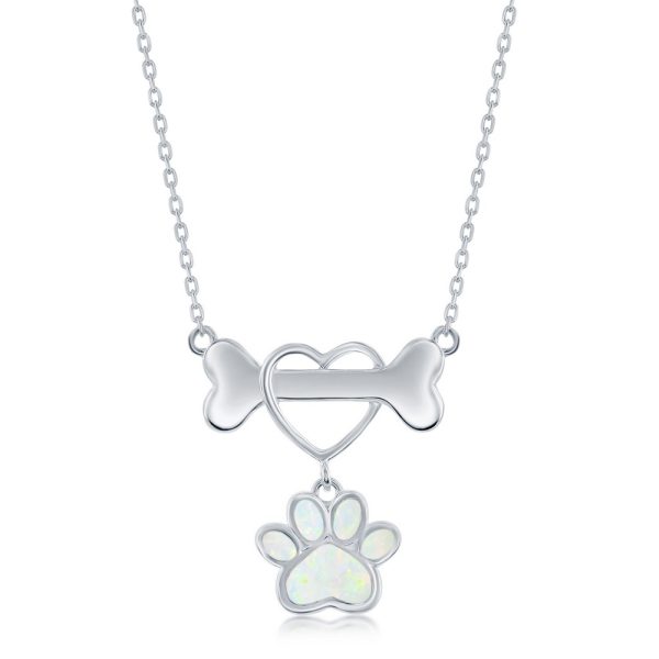 Sterling Silver, Dog Bone & Heart, Opal Paw Necklace -  White Opal
