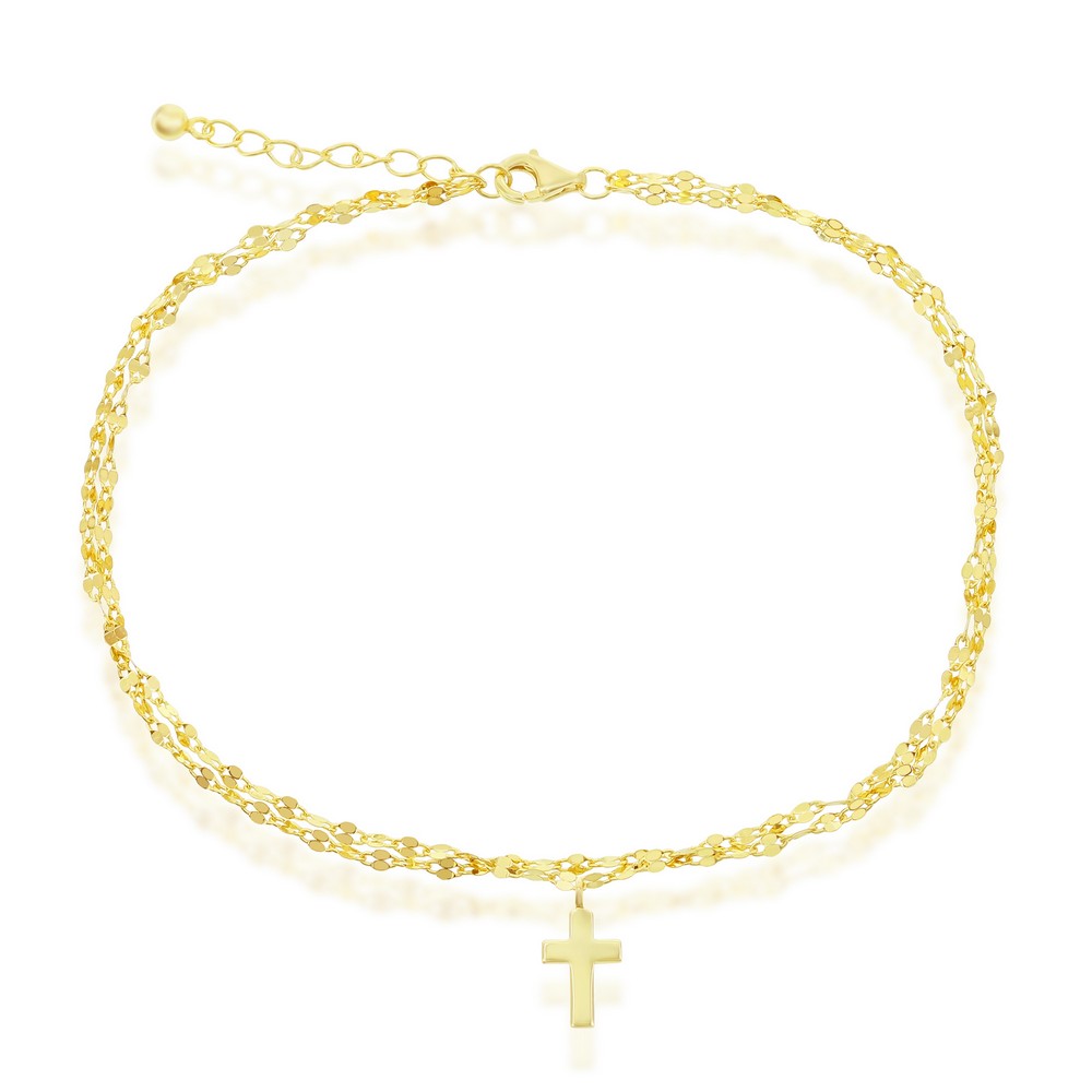Sterling Silver, Double Strand Mirror Chain w/ Cross Charm Anklet - Gold Plated