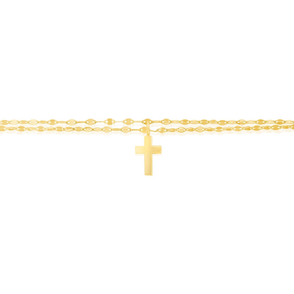Sterling Silver, Double Strand Mirror Chain w/ Cross Charm Anklet - Gold Plated