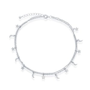 Sterling Silver, Moon and Star Double Strand Anklet