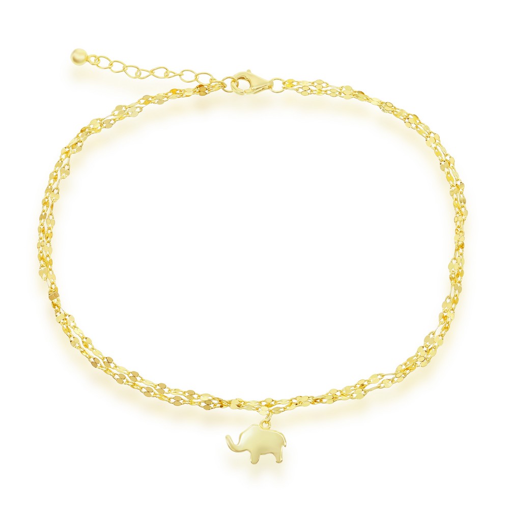 Sterling Silver, Double Strand Mirror Chain w/Elephant Charm Anklet - Gold Plated