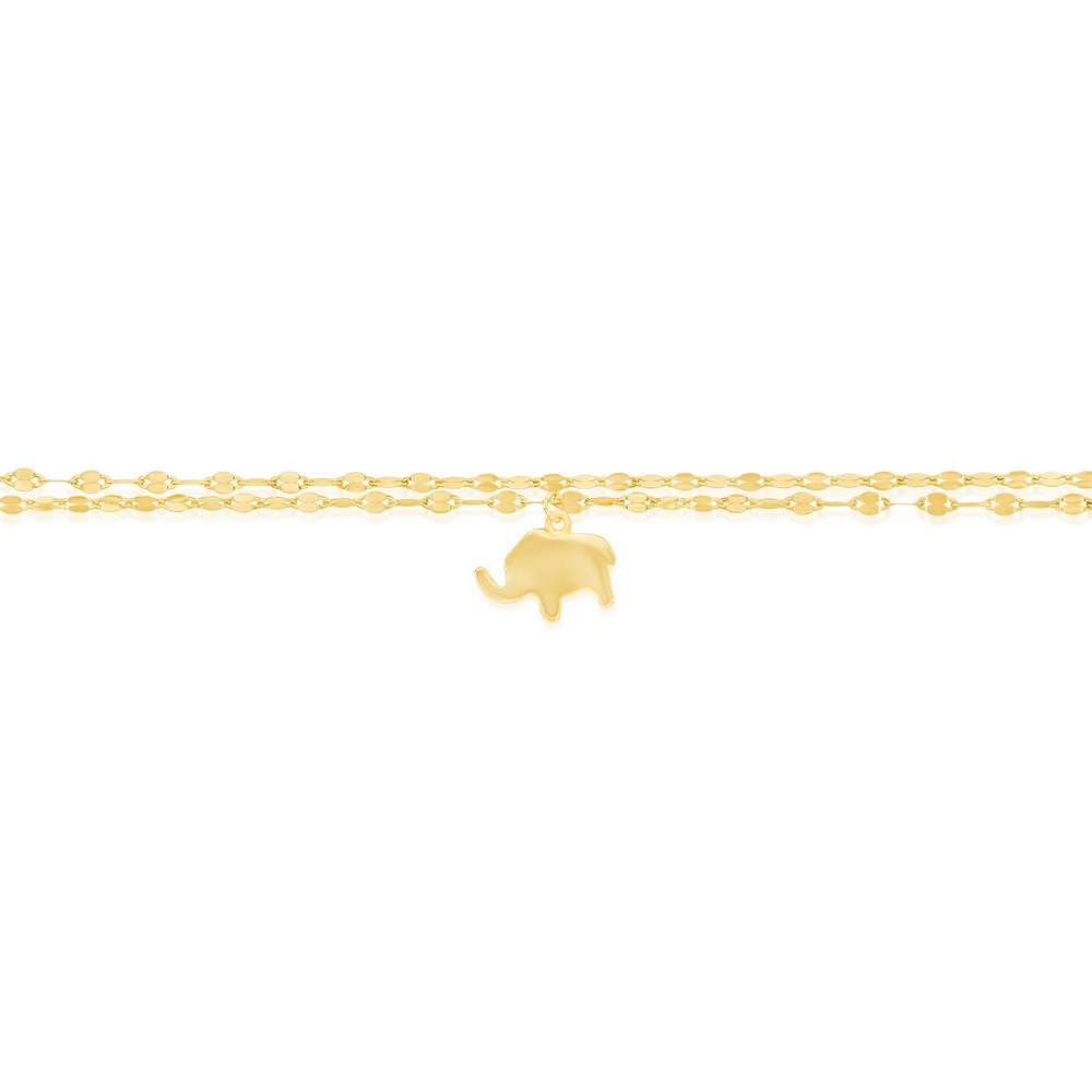 Sterling Silver, Double Strand Mirror Chain w/Elephant Charm Anklet - Gold Plated