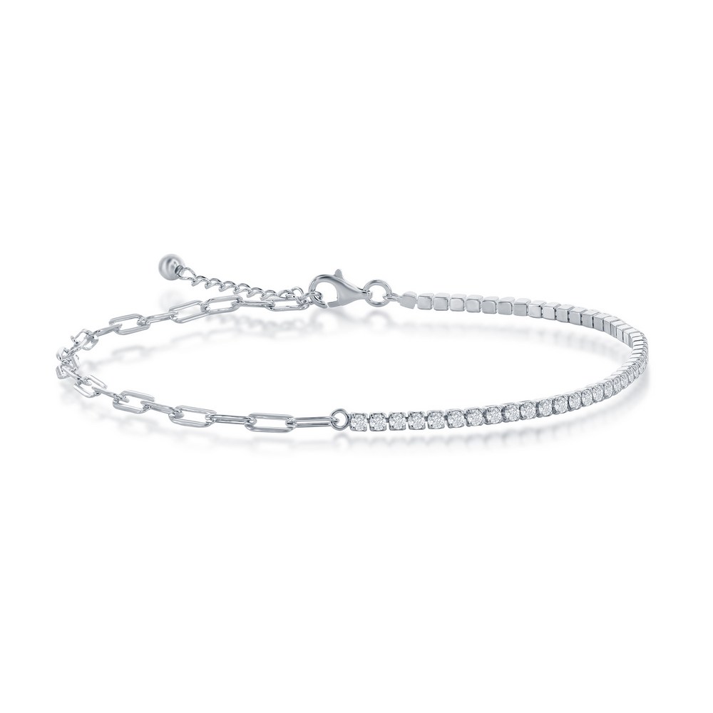 Sterling Silver, 2mm Half Tennis & 3.5mm Paperclip Anklet