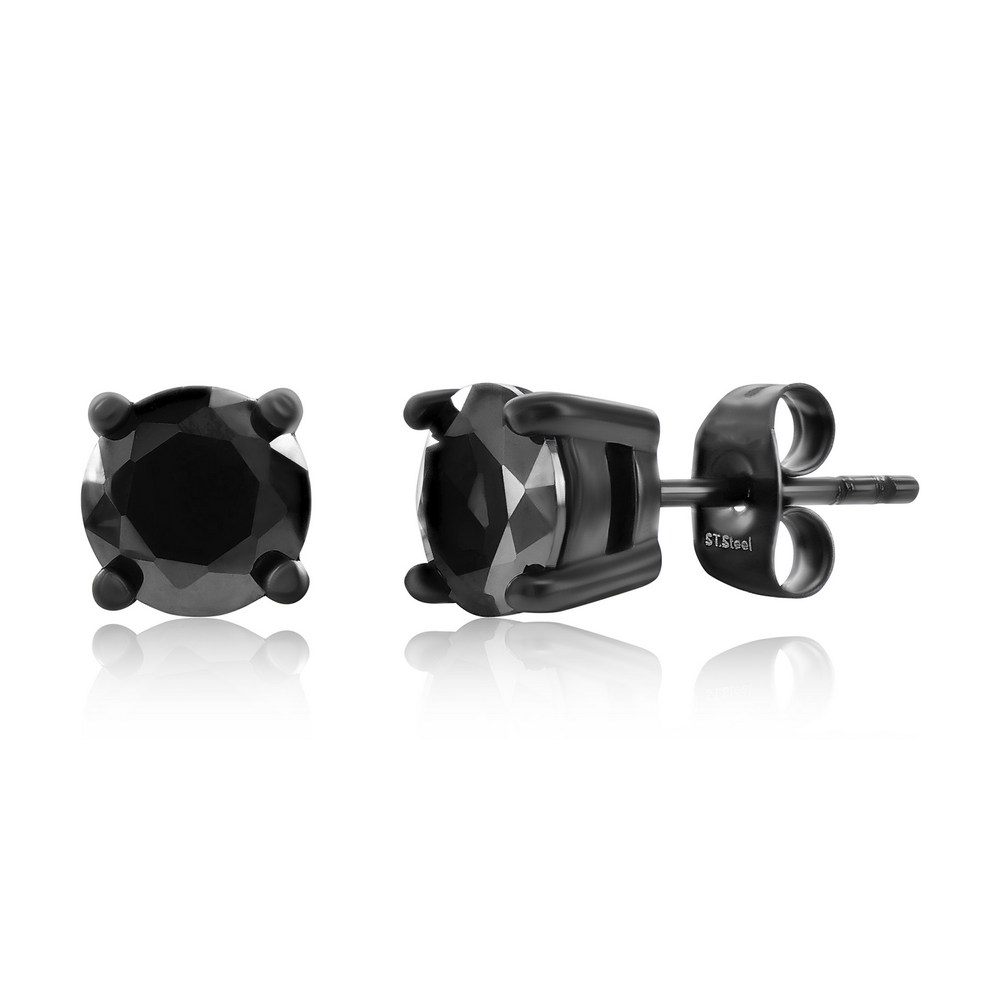 Stainless Steel, 7mm Round Black CZ Studs - Black Plated
