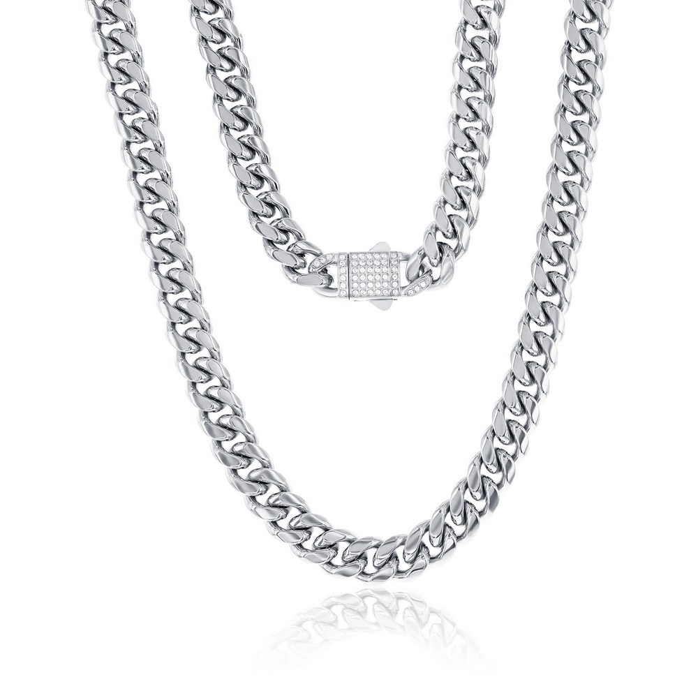 Stainless Steel, 12mm Miami Cuban, CZ Lock Necklace