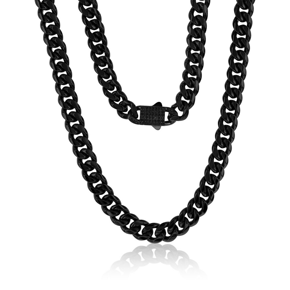 Stainless Steel, 12mm Miami Cuban, CZ Lock Necklace - Black Plated
