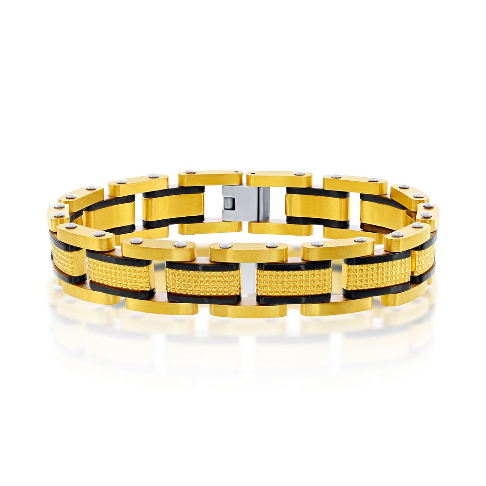 Stainless Steel Textured Link Bracelet - Gold & Black