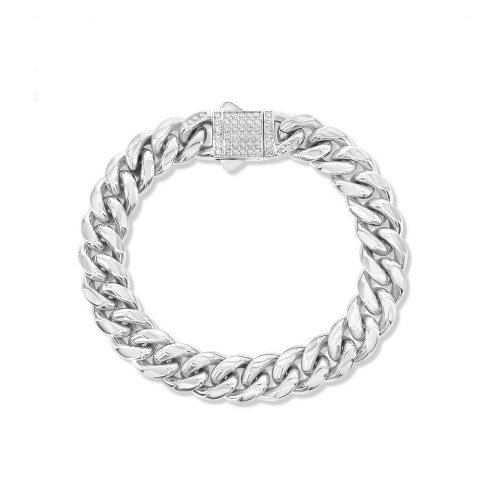 Stainless Steel, 12mm Miami Cuban, CZ Lock Bracelet