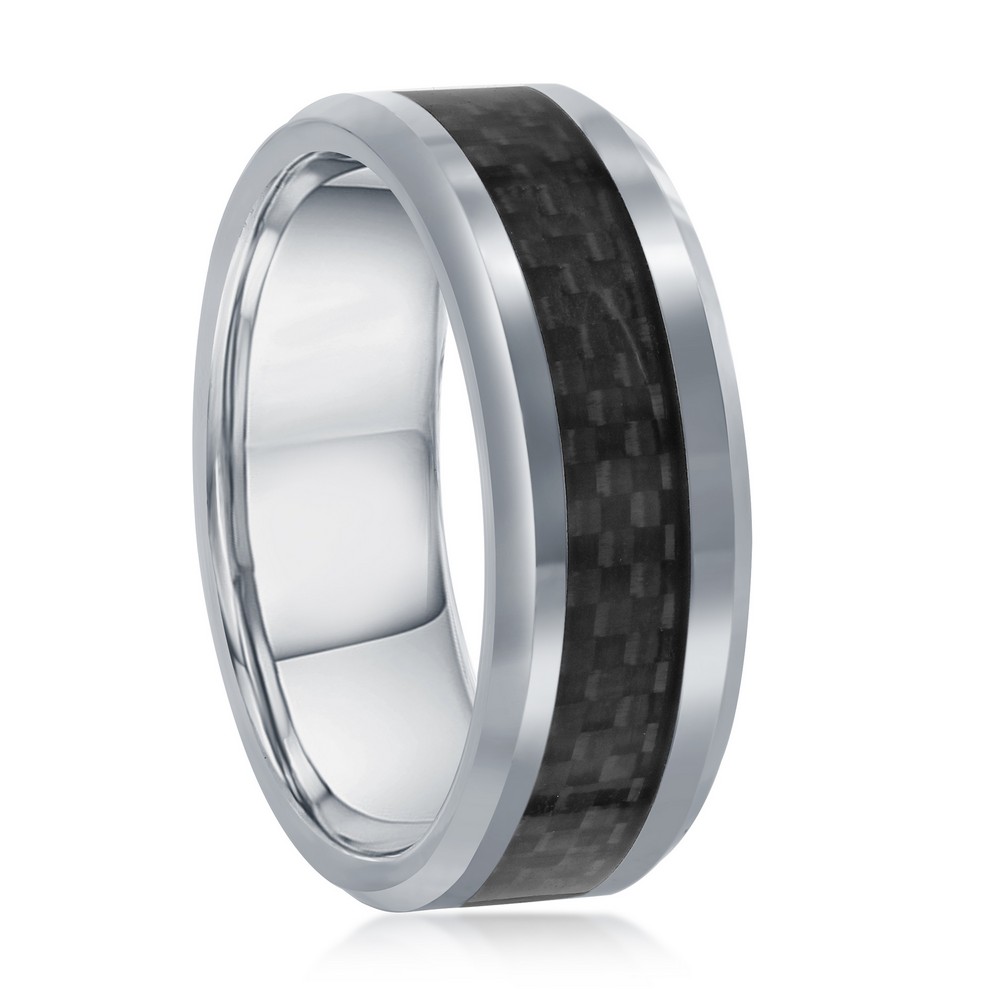 Silver Tungsten Ring W/ Black Carbon Fiber