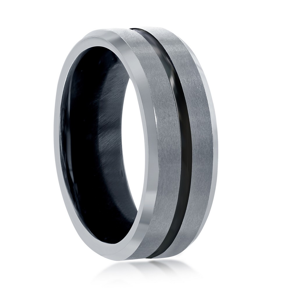 Matte & Polsihed Silver and Black Stripe Tungsten Ring