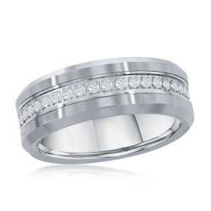 Polished Silver CZ Eternity Tungsten Band Ring