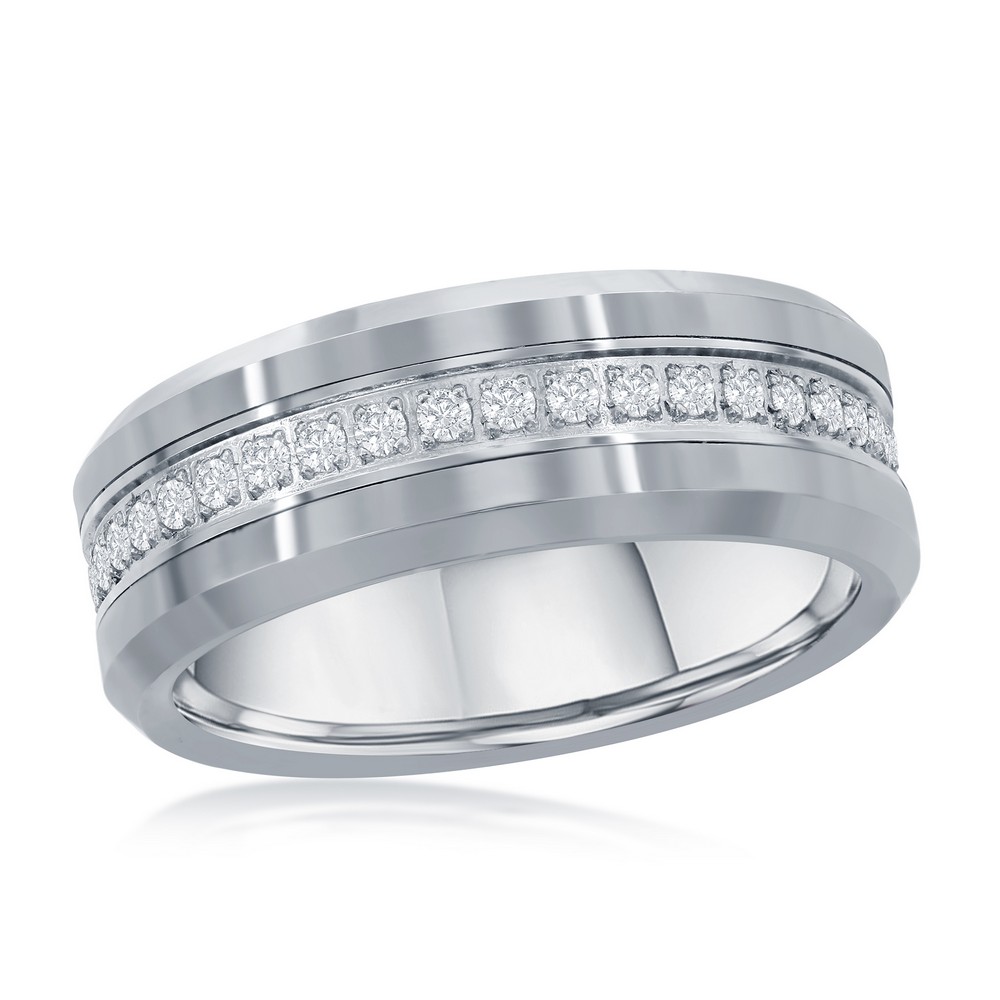 Polished Silver CZ Eternity Tungsten Band Ring