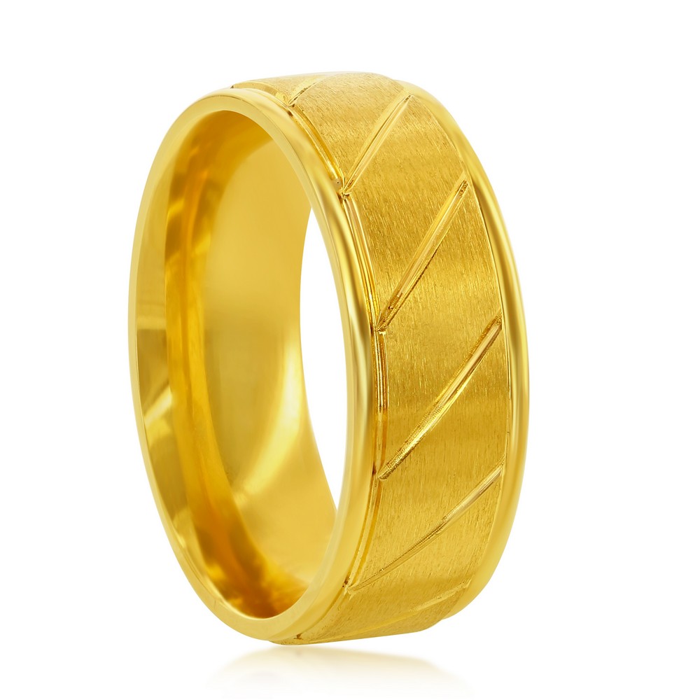 Stainless Steel Brushed and Polished Gold Diagonal Stripe Ring