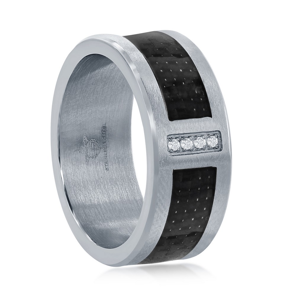 Stainless Steel Black Carbon Fiber CZ Ring