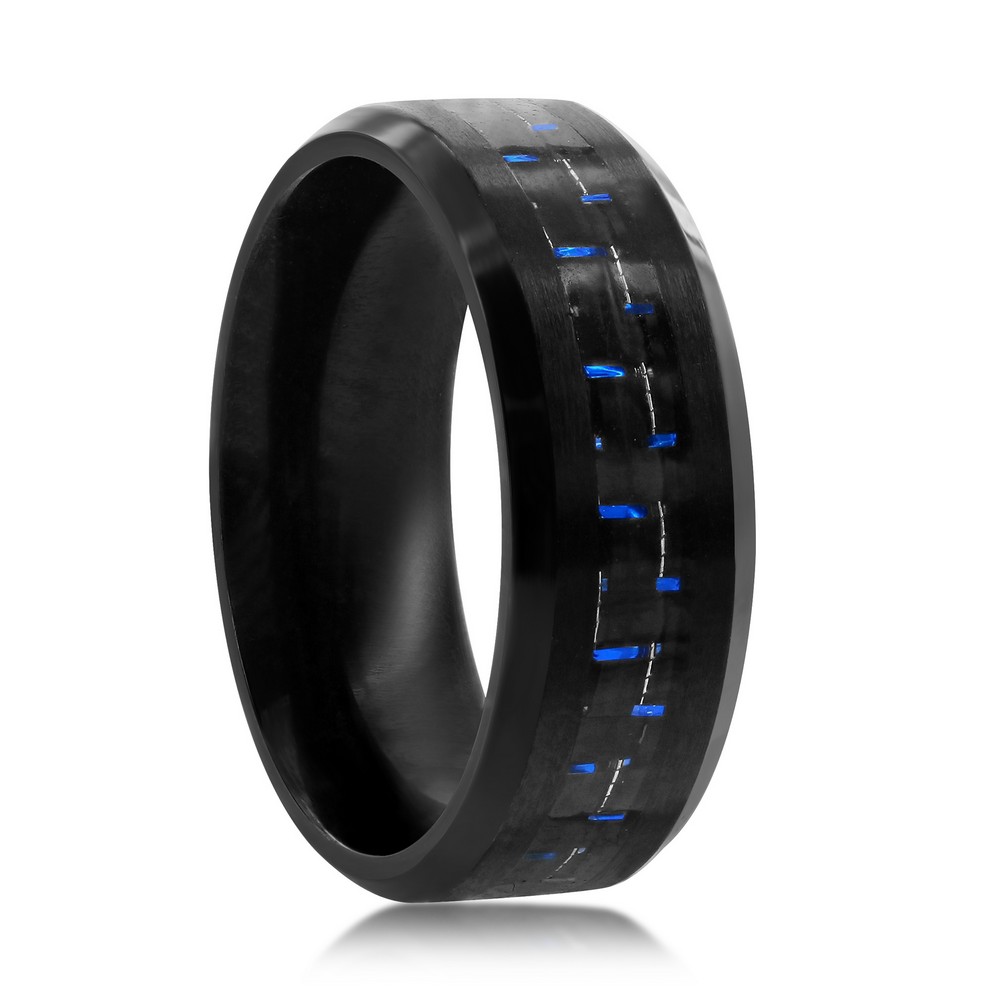 Stainless Steel Black and Blue Carbon Fiber Ring