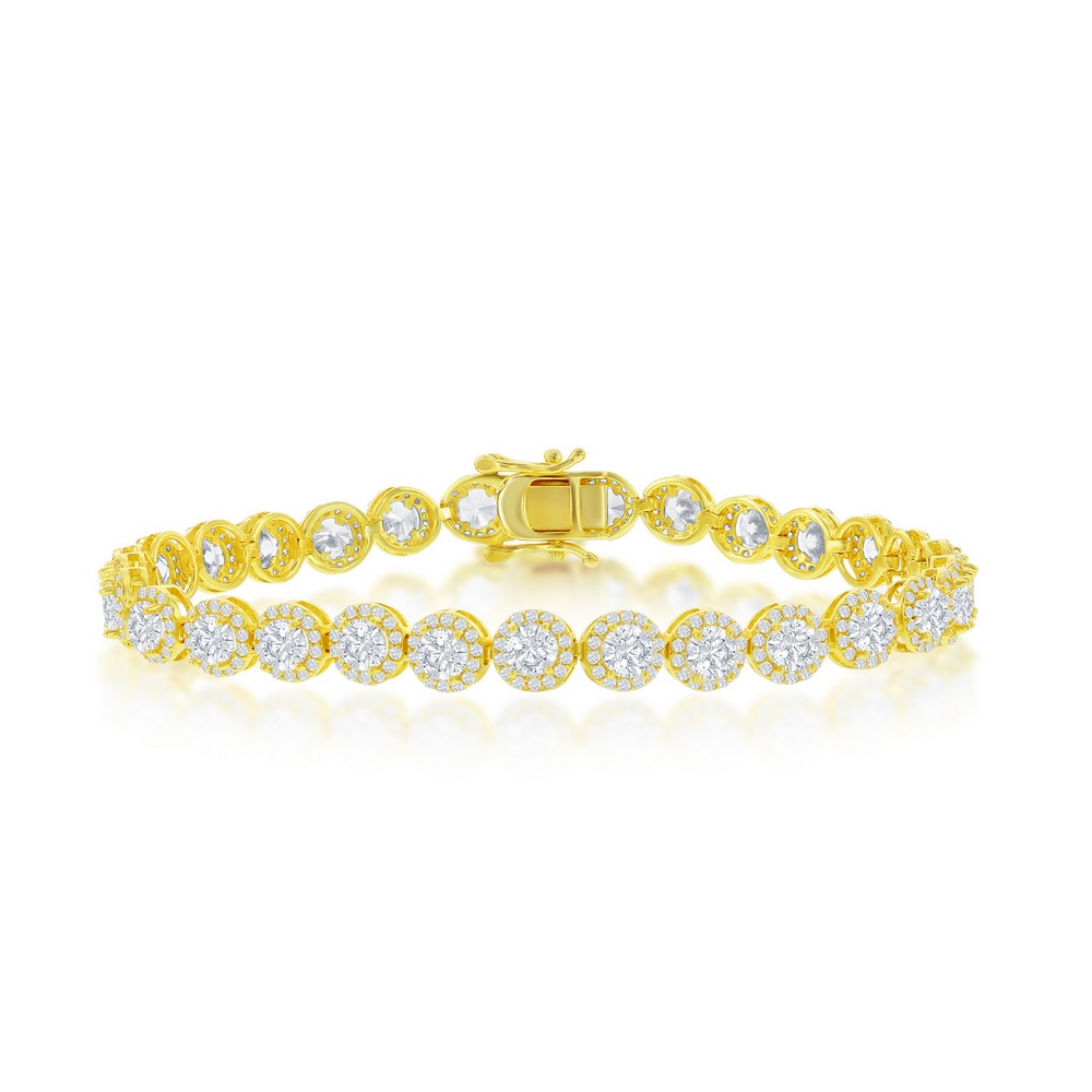 Sterling Silver, 6MM Round Halo CZ Tennis Bracelet - Gold Plated