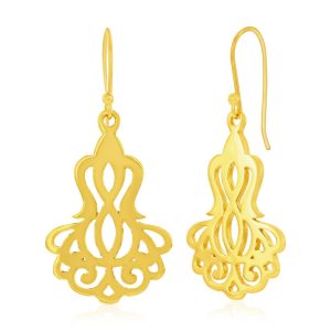 Sterling Silver, Bell Shaped Filigree Design Dangle Earrings - Gold Plated