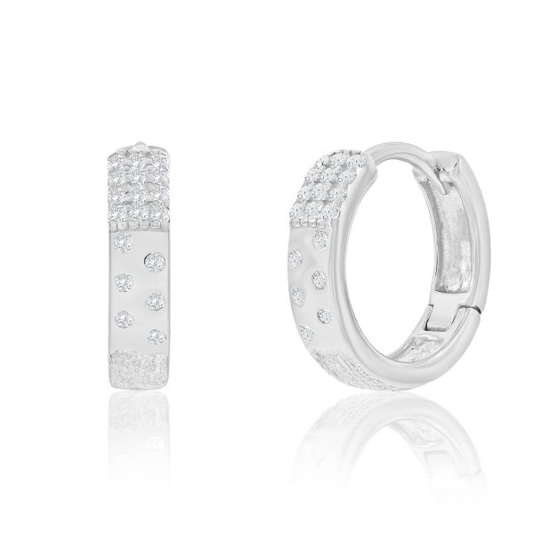 Sterling Silver, CZ & Brushed Hoop Earrings