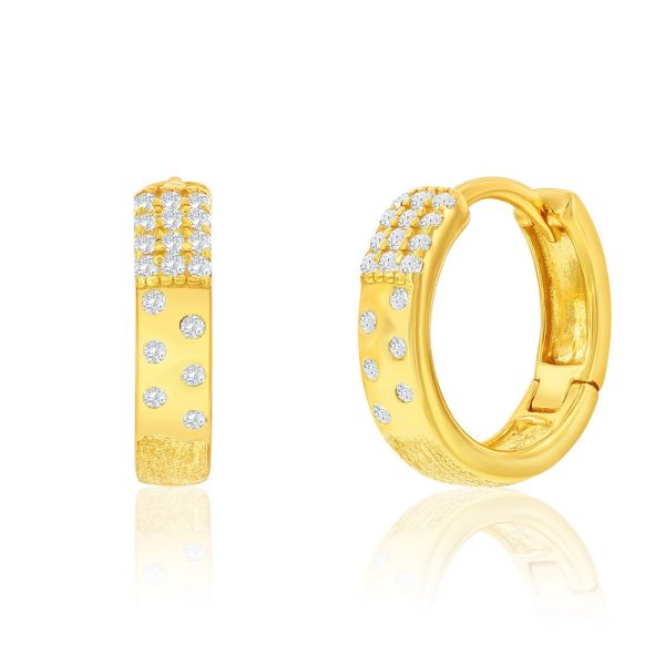 Sterling Silver, CZ & Brushed Hoop Earrings - Gold Plated