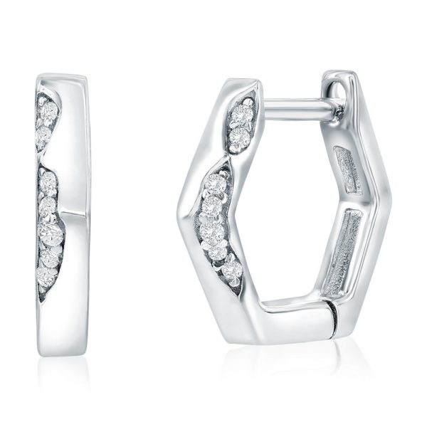 Sterling Silver, Geometric Polished & CZ Hoop Earrings
