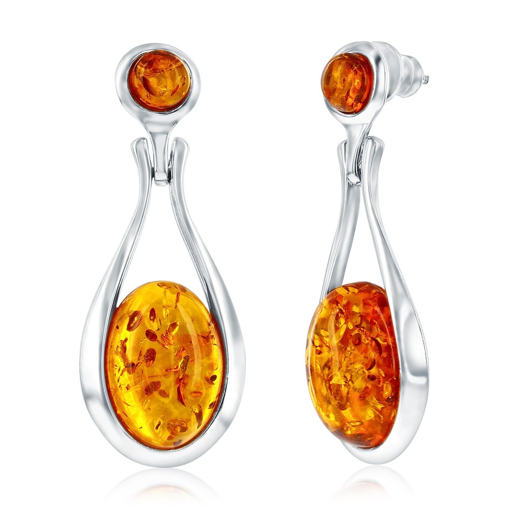 Sterling Silver, Oval Amber, Pear-Shaped Earrings