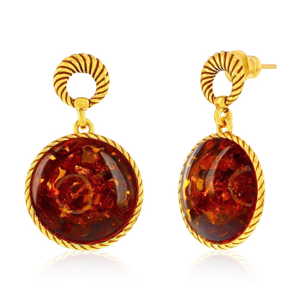 Sterling Silver, Round Amber, Rope Design Outline Earrings - Gold Plated