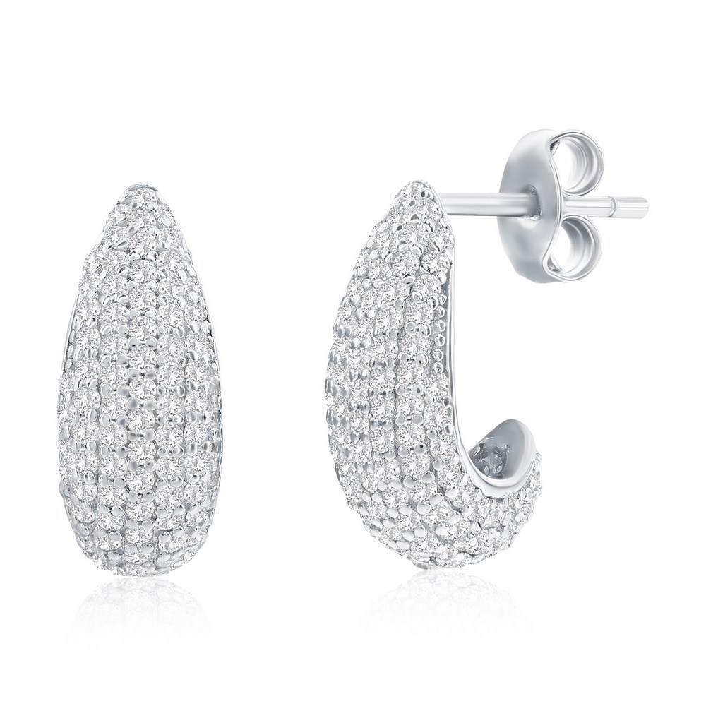 Sterling Silver, 14mm Pave CZ Huggie Hoop Earrings