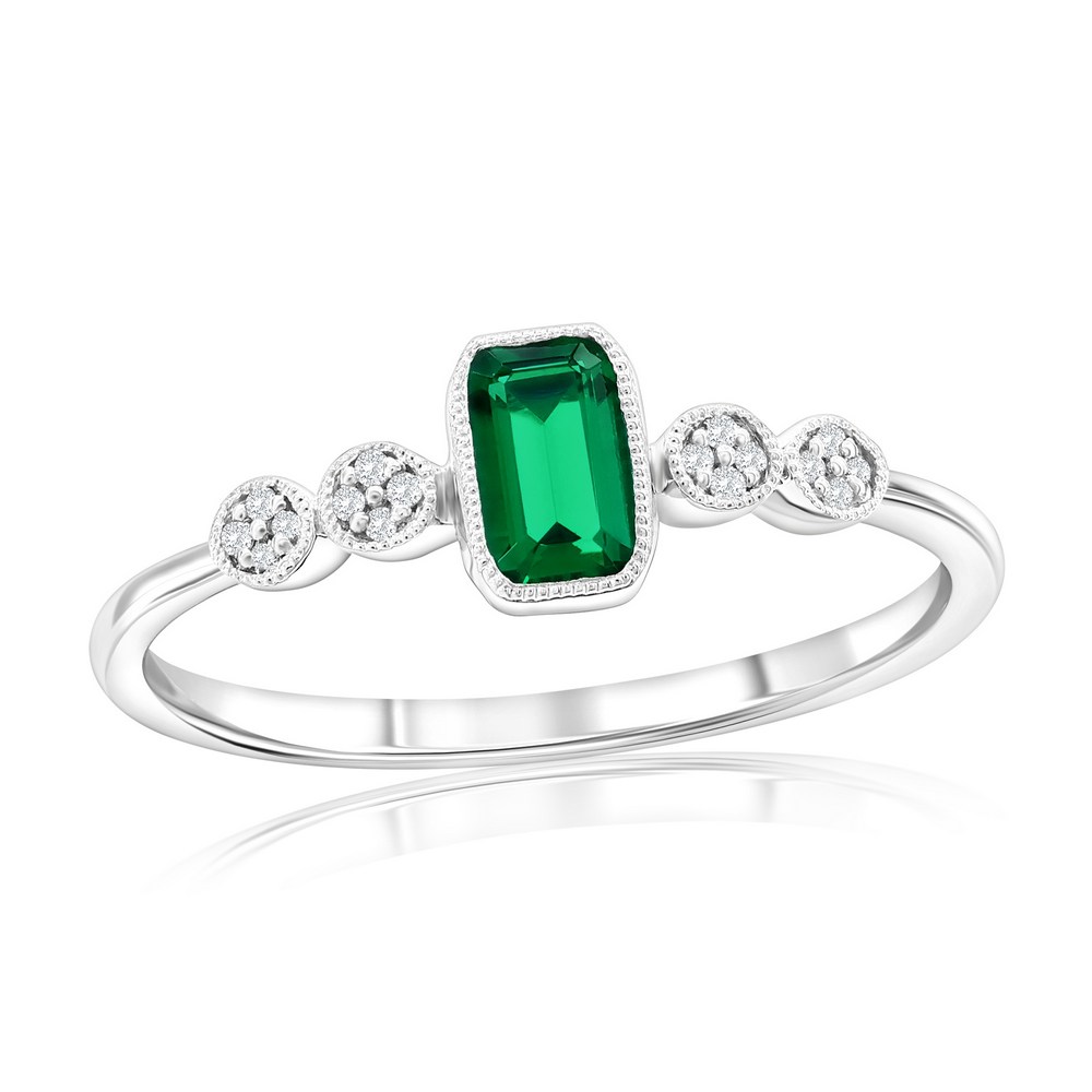 Sterling Silver, Lab-Grown Emerald & Natural Diamond Ring - (17 Stones)
