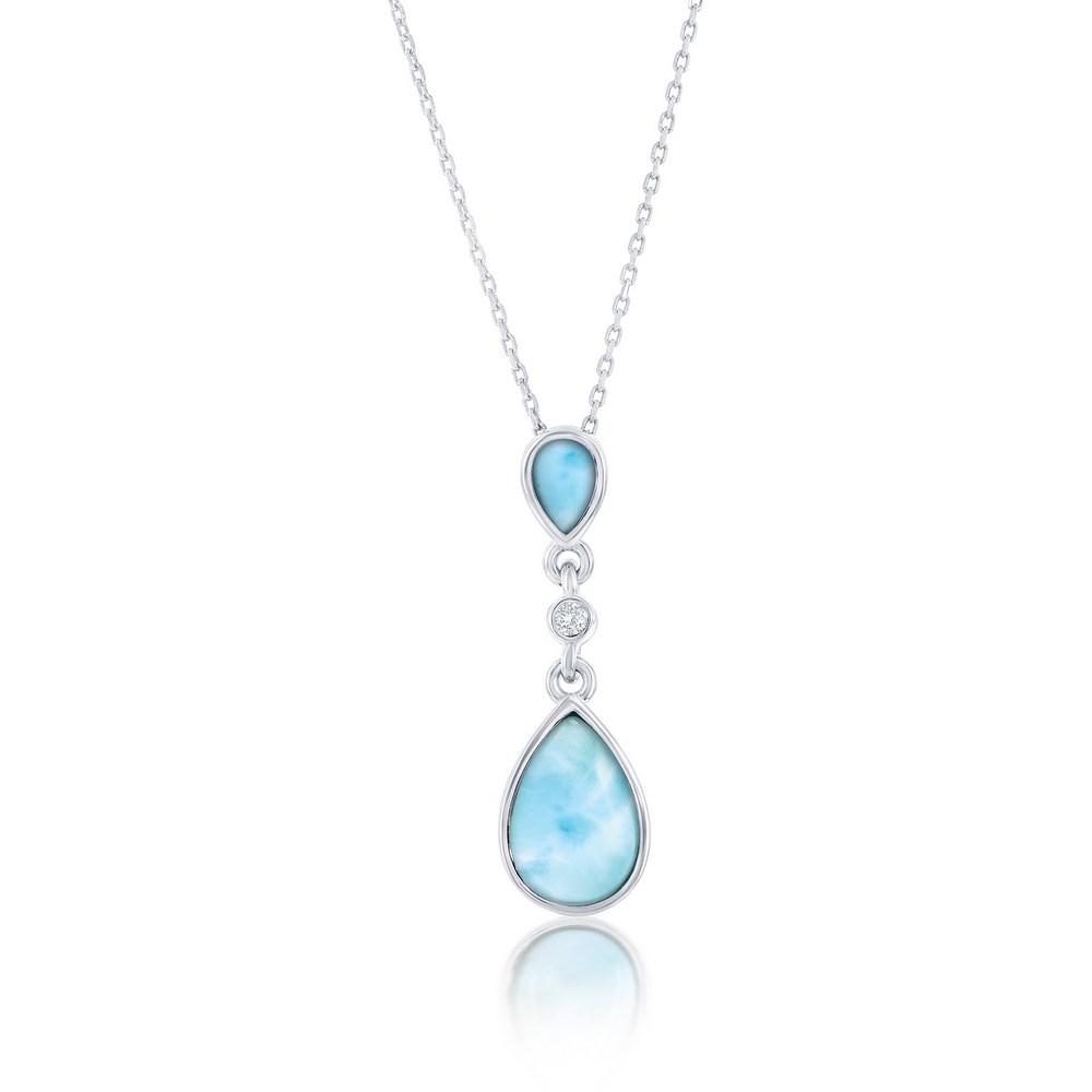 Sterling Silver, Double Pear-shaped Larimar with Bezel-Set CZ Pendant