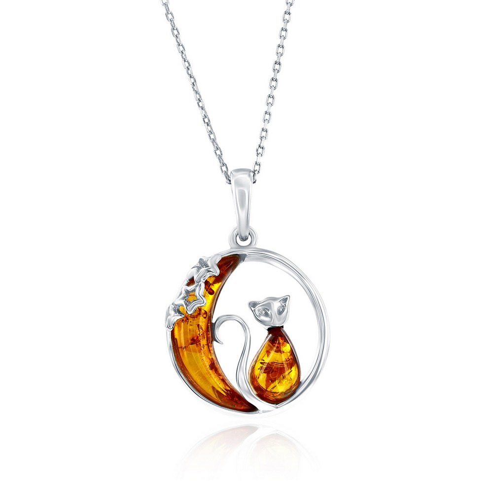 Sterling Silver, Cat & Moon Amber Pendant