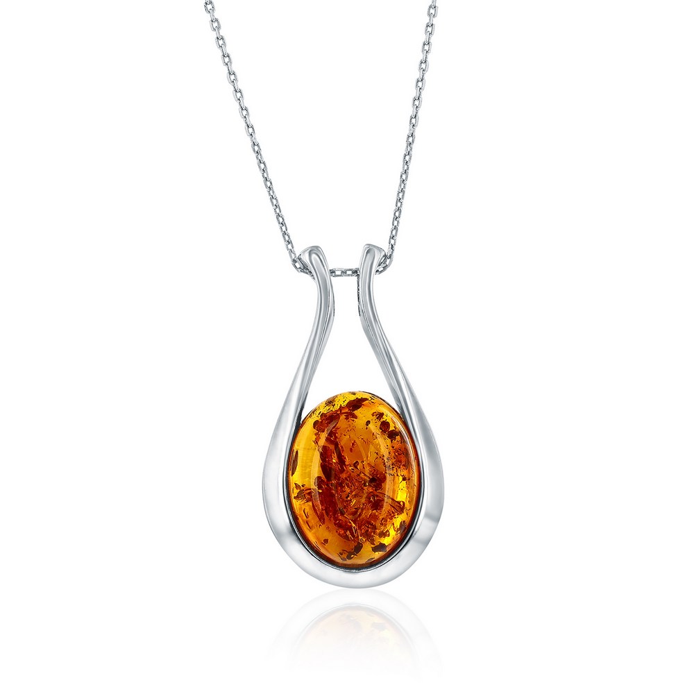 Sterling Silver, Oval Amber, Pear-Shaped Pendant