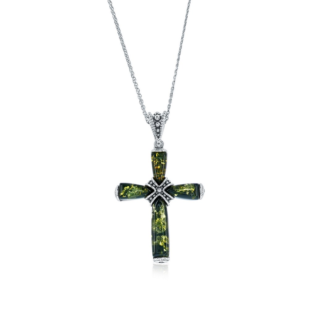Sterling Silver, Green Amber Cross Pendant