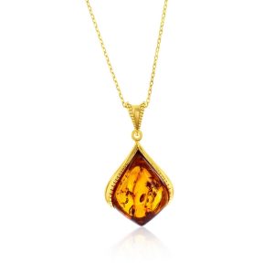 Sterling Silver, Amber Marquise Pendant - Gold Plated