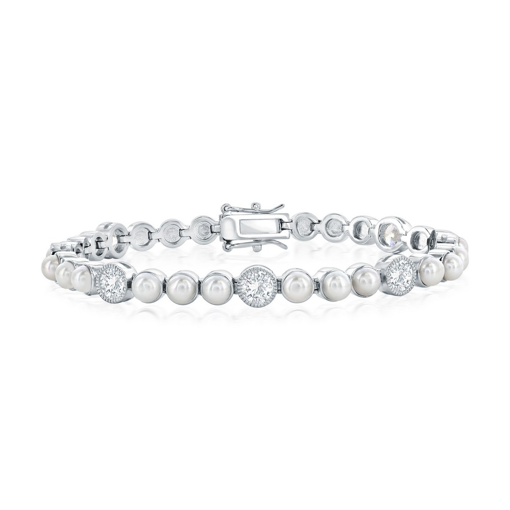 Sterling Silver, Pearl & CZ Beaded Outline Bracelet