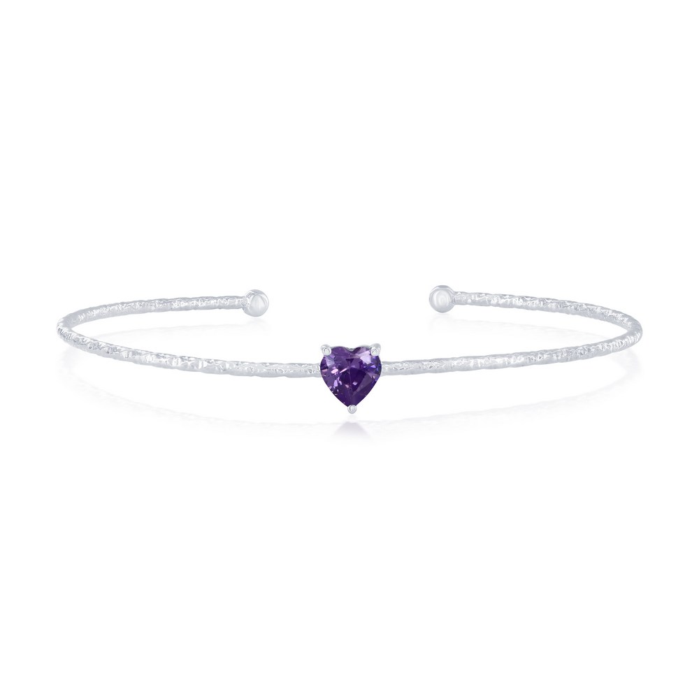 Sterling Silver, 'February' Birthstone CZ Heart Bangle - Amethyst