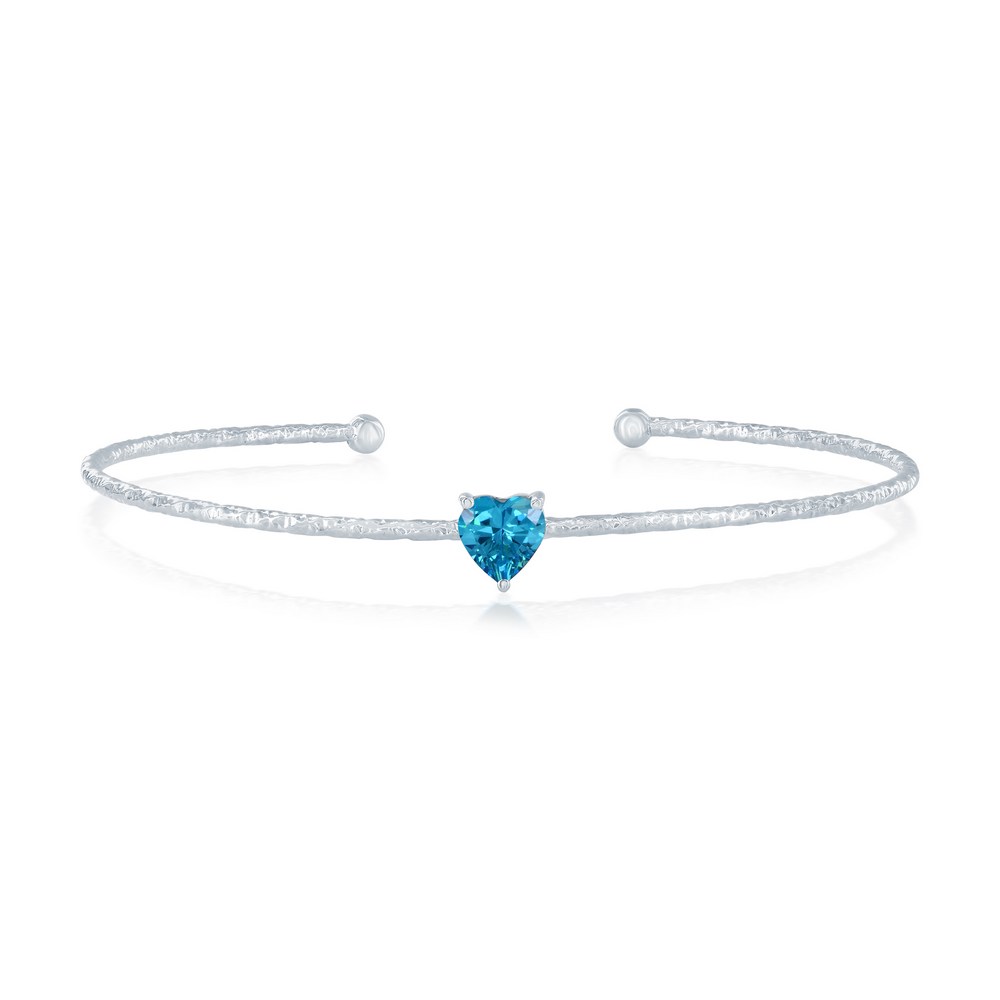 Sterling Silver, 'March' Birthstone CZ Heart Bangle - Aquamarine