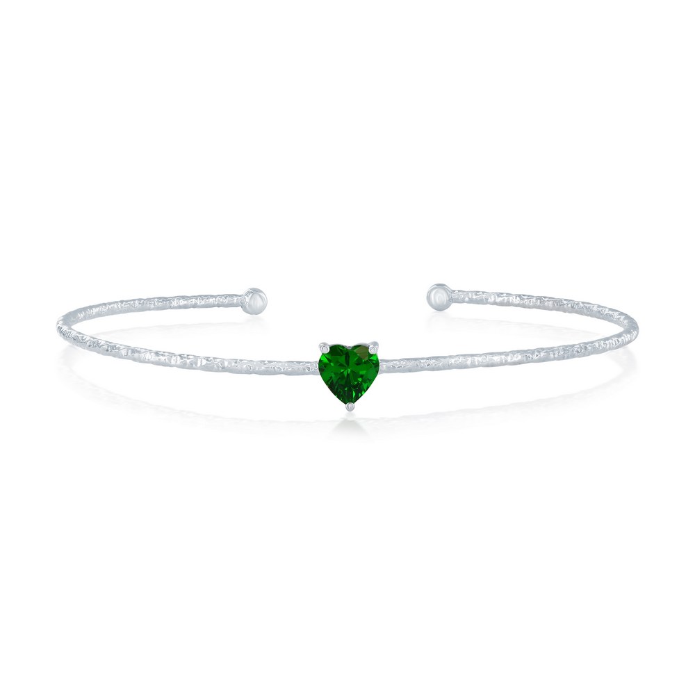 Sterling Silver, 'May' Birthstone CZ Heart Bangle - Emerald