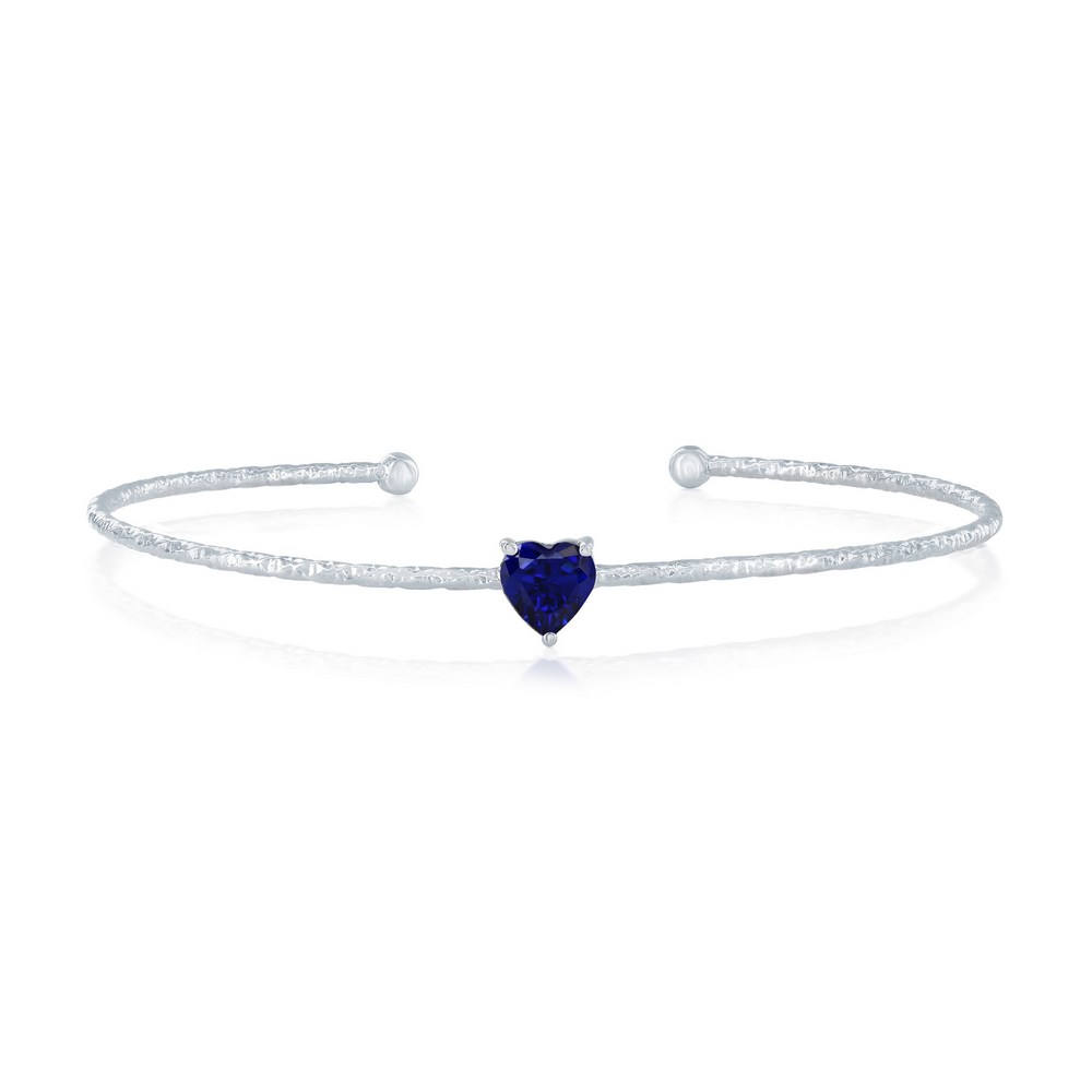 Sterling Silver, 'September' Birthstone CZ Heart Bangle - Sapphire