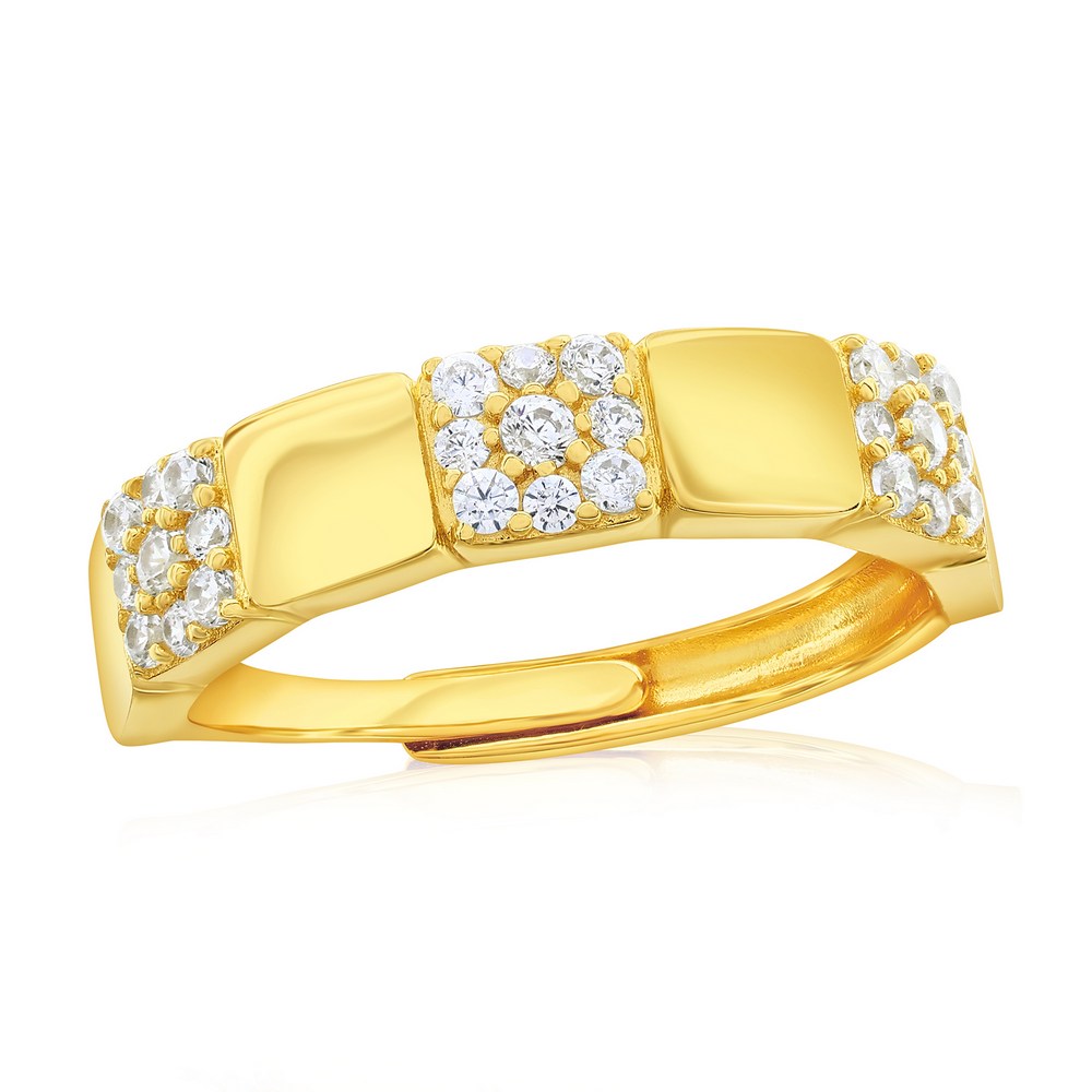 Sterling Silver, Square Polished & Pave CZ Half Eterniy Ring - Gold Plated