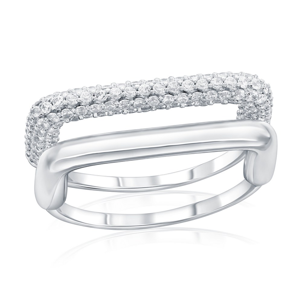 Sterling Silver, Double Band, Polished & Micro Pave CZ Square Style Ring