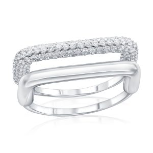 Sterling Silver Double Band, Polished & Micro Pave CZ Square Style Ring