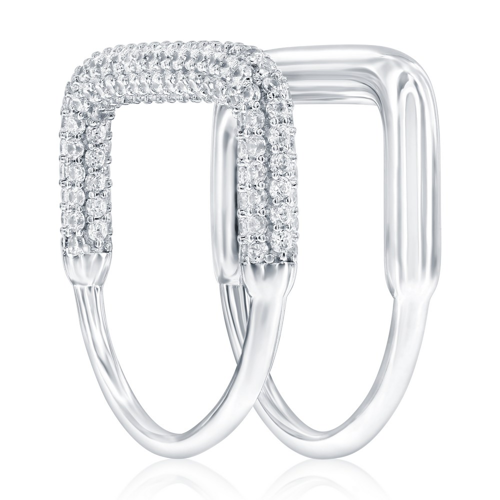 Sterling Silver Double Band, Polished & Micro Pave CZ Square Style Ring