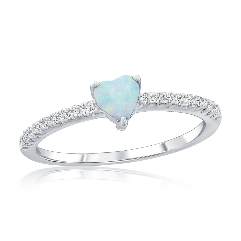 Sterling Silver, White Opal Heart & CZ Ring