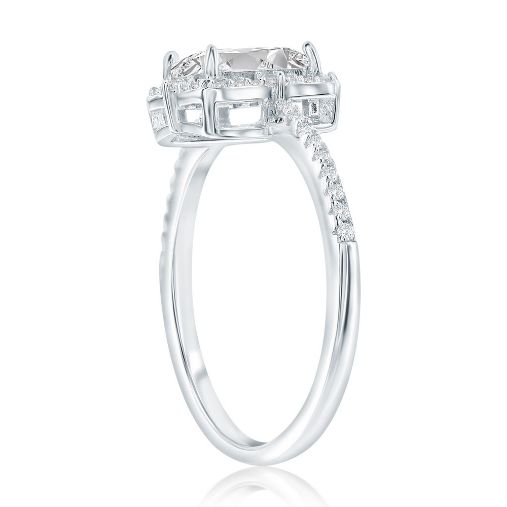 Sterling Silver, Emerald-Cut Halo CZ Engagement Ring