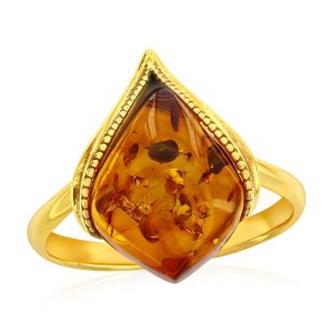 Sterling Silver, Amber Marquise Ring - Gold Plated