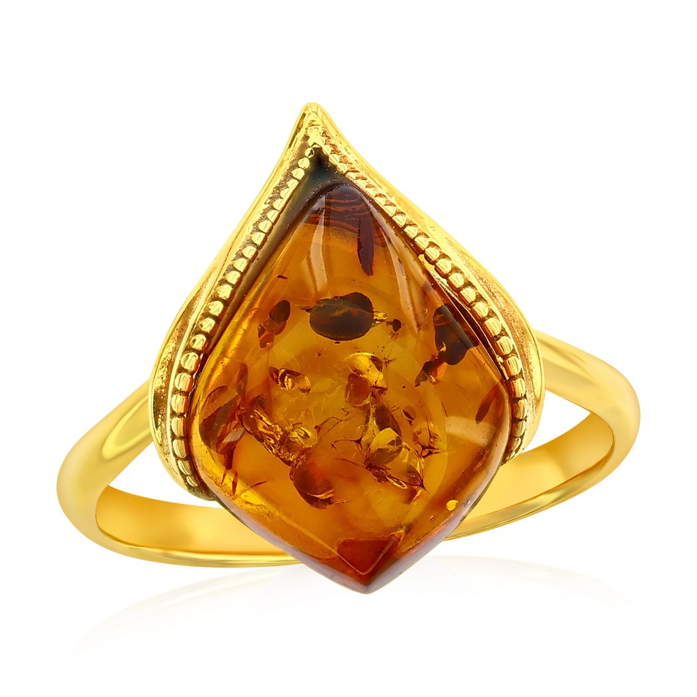 Sterling Silver, Amber Marquise Ring - Gold Plated